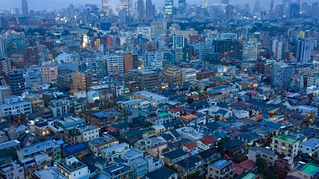 A purple twilight settles over Tokyo's skyline as the city's lights begin to appear.